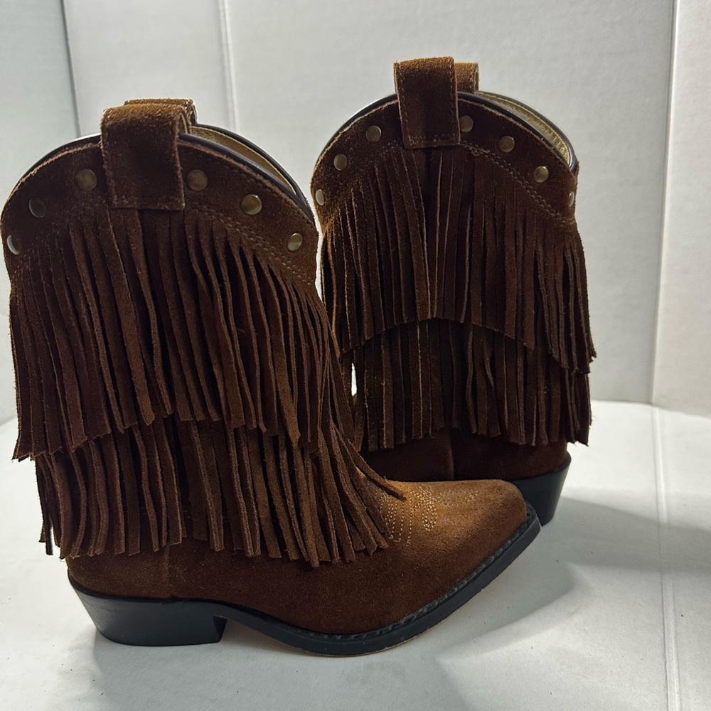 Shyanne Double Fringe Suede Western Cowboy Boots Brown Youth 11 Rodeo Festival - Picture 7 of 9